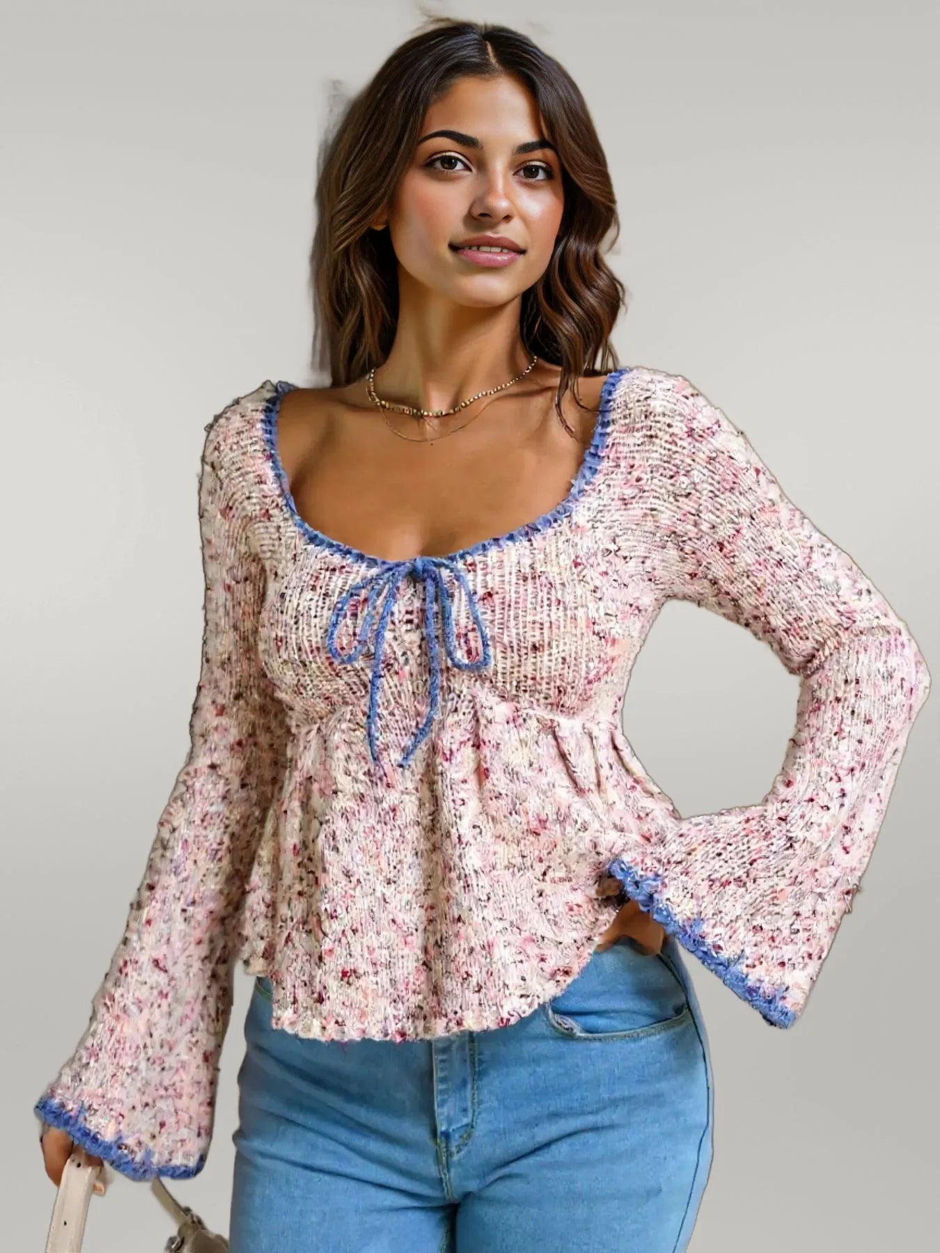 Tie Front Flare Sleeve Sweater Eggshell