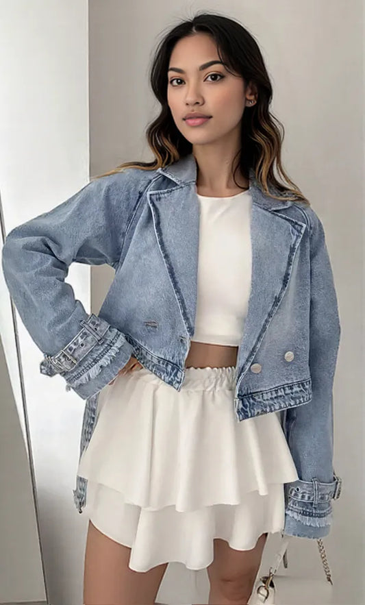 Long Sleeve Crop Denim Jacket Blue