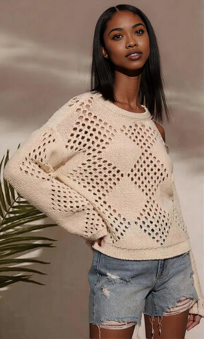 Openwork Boat Neck Long Sleeve Sweater