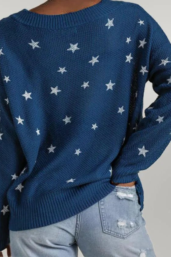 Umgee Full Size Star V-Neck Long Sleeve Sweater