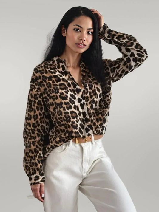 Leopard Collared Neck Long Sleeve Shirt Leopard