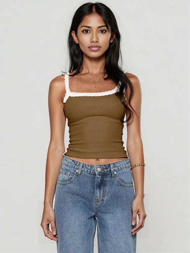 Lace Detail Cropped Cami Coffee Brown