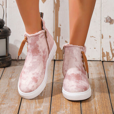 Lace-Up Round Toe Canvas Boots with Side Zip Blush Pink