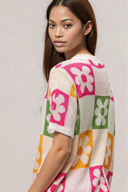 BiBi Flower Checker Pattern Lightweight Sweater Top