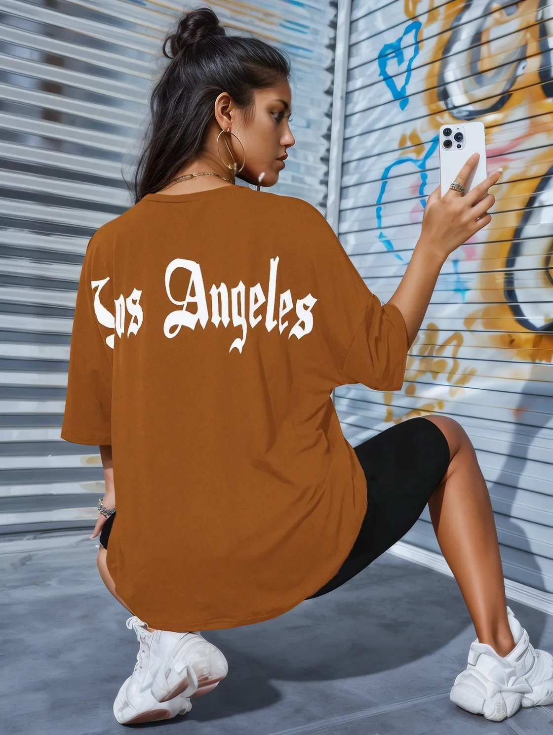 LOS ANGELES Round Neck Dropped Shoulder T - Shirt - Tops/Blouses & Shirts - Trendsi