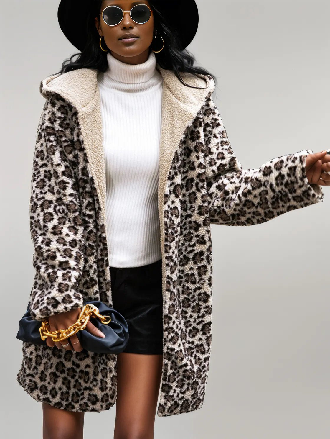 Shiny Leopard Print Hooded Teddy Coat