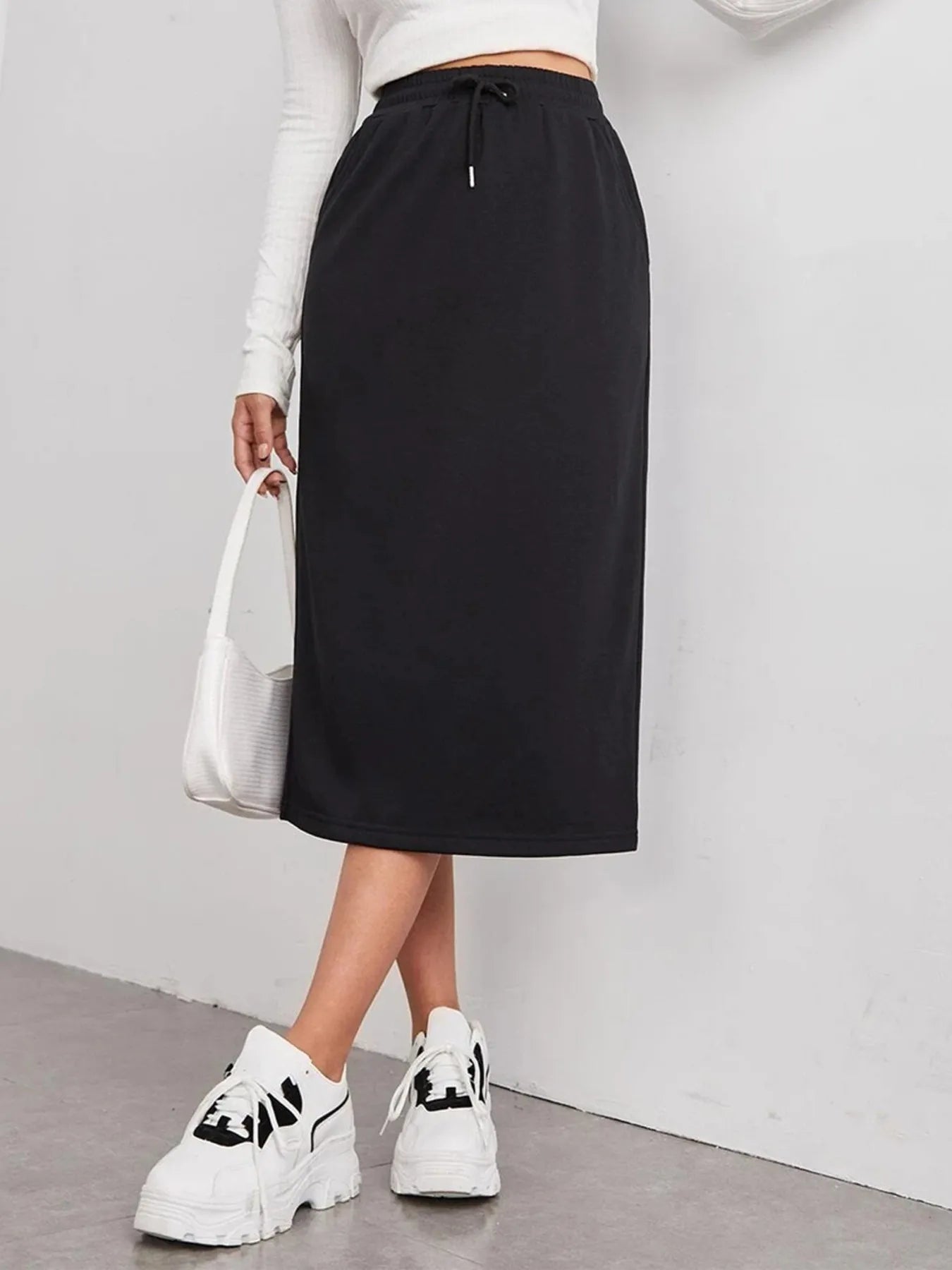 Slit Drawstring Midi Skirt Grey