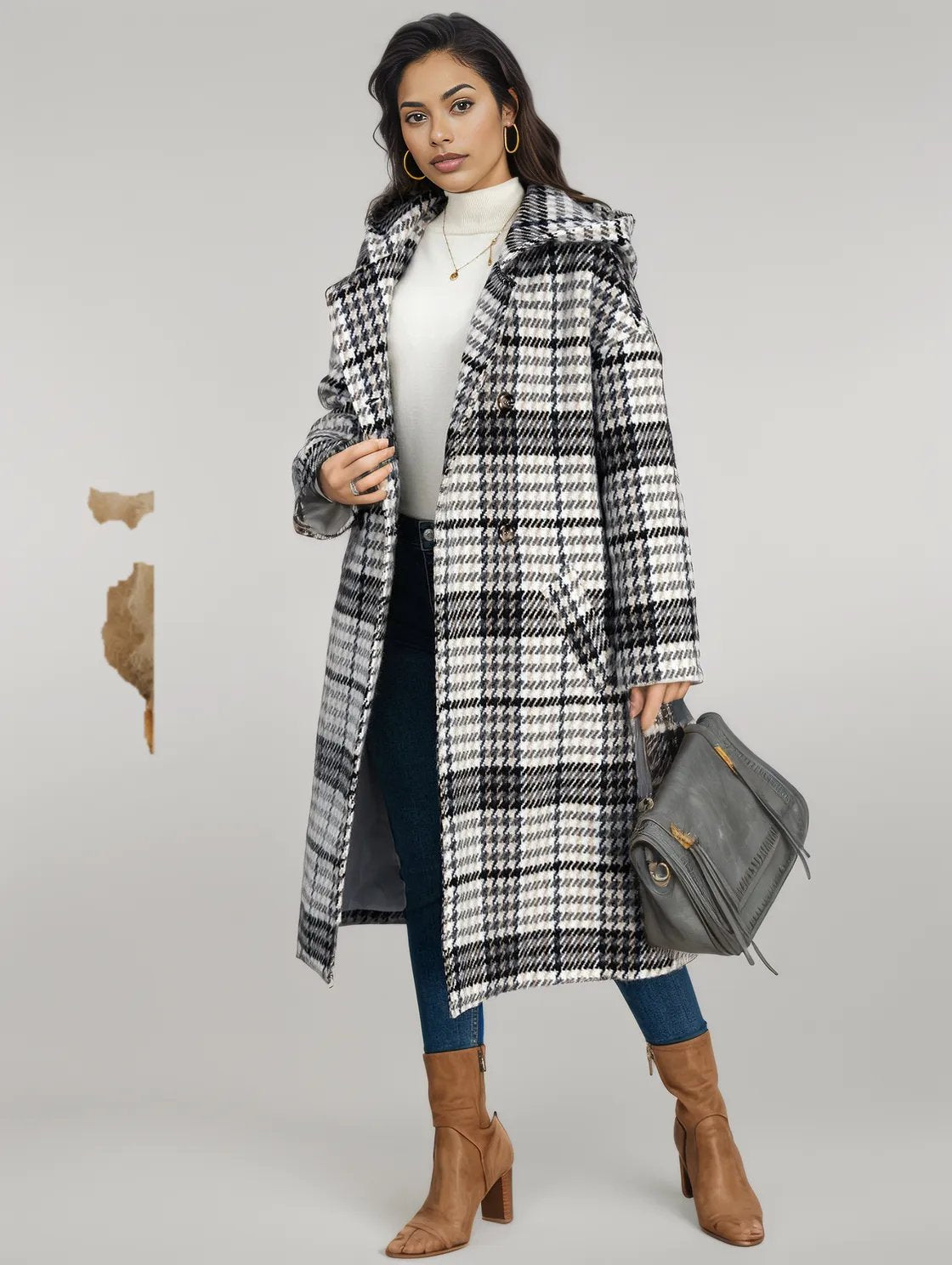 Plaid Double - Breasted Long Sleeve Longline Coat - coat - Trendsi