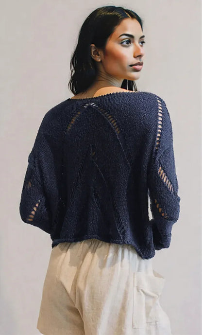 Openwork Boat Neck Long Sleeve Sweater