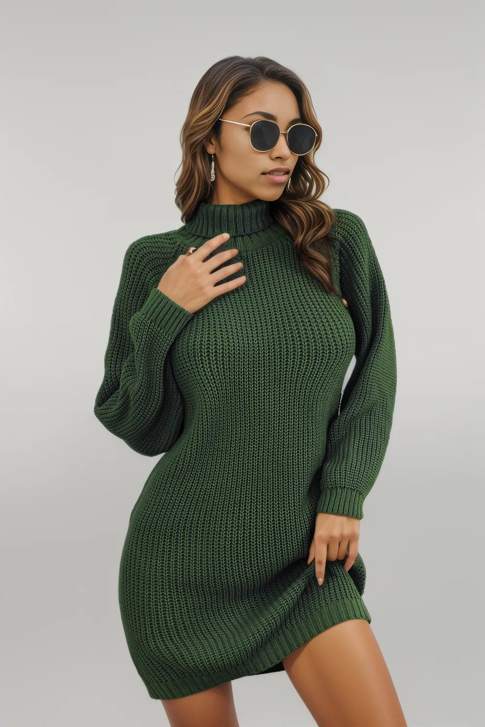 Buttoned Turtleneck Long Sleeve Sweater Dress Green