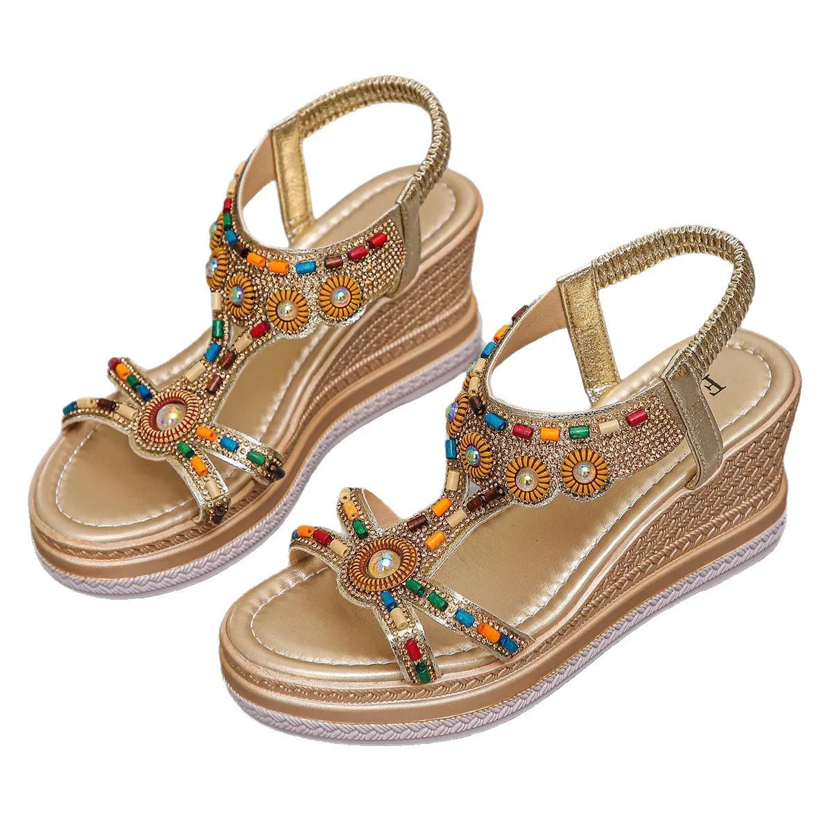 Beaded Open Toe Wedge Sandals