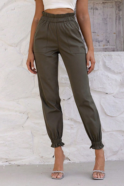 Paperbag Waist Pants with Pockets Olive Brown