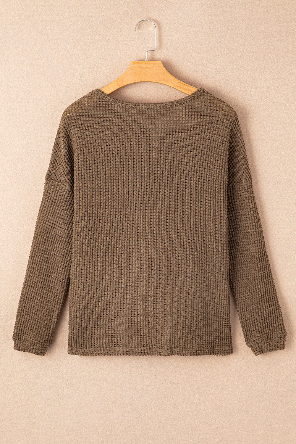 Khaki Waffle Knit Drop Shoulder Long Sleeve Top