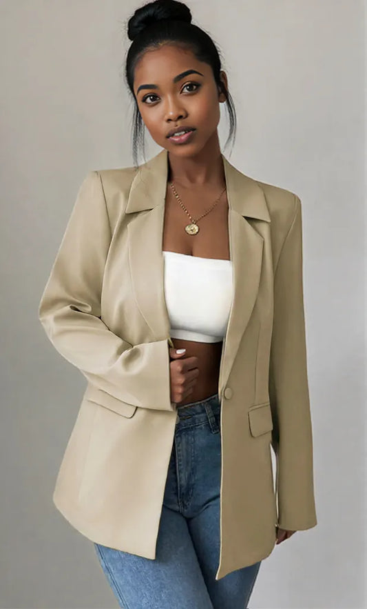 One Button Lapel Collar Blazer Khaki