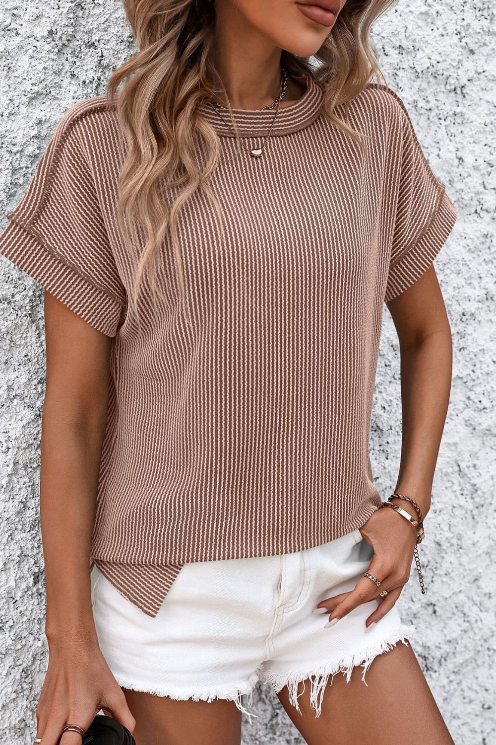 Mandy Striped Round Neck Short Sleeve T-Shirt Camel