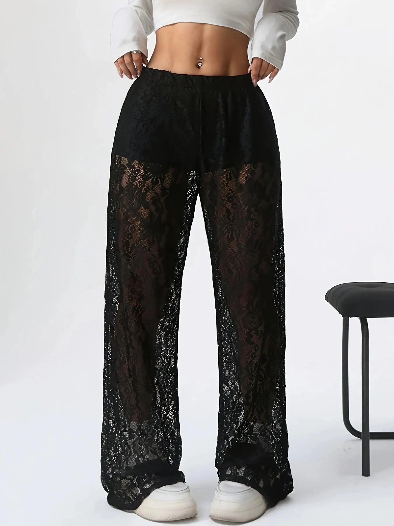 Lace Sheer Wide Leg Pants