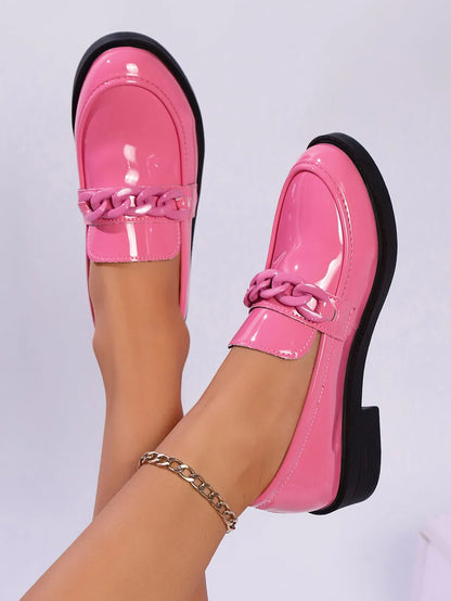 Round Toe Chain Detail Loafers Pink