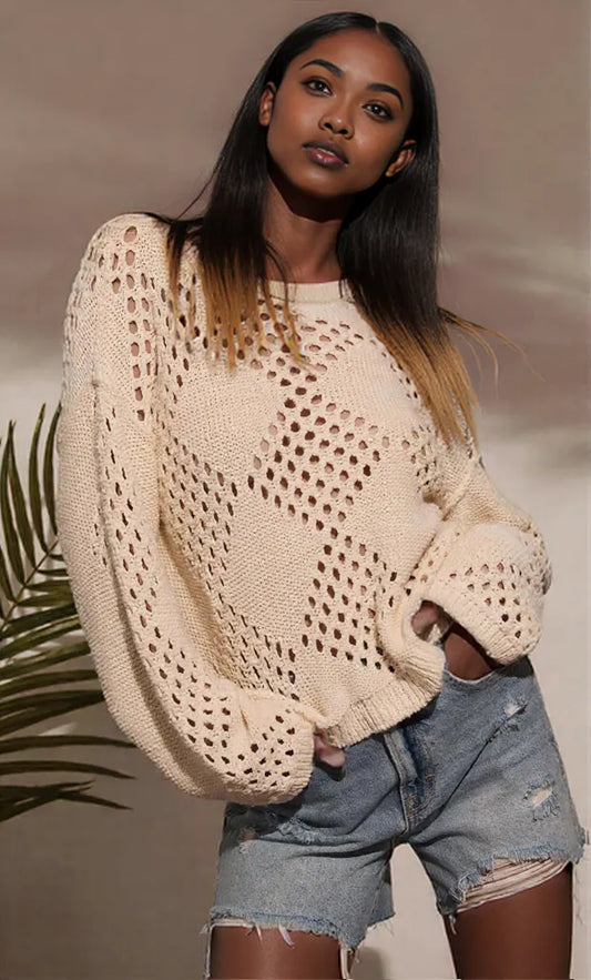 Openwork Boat Neck Long Sleeve Sweater Beige