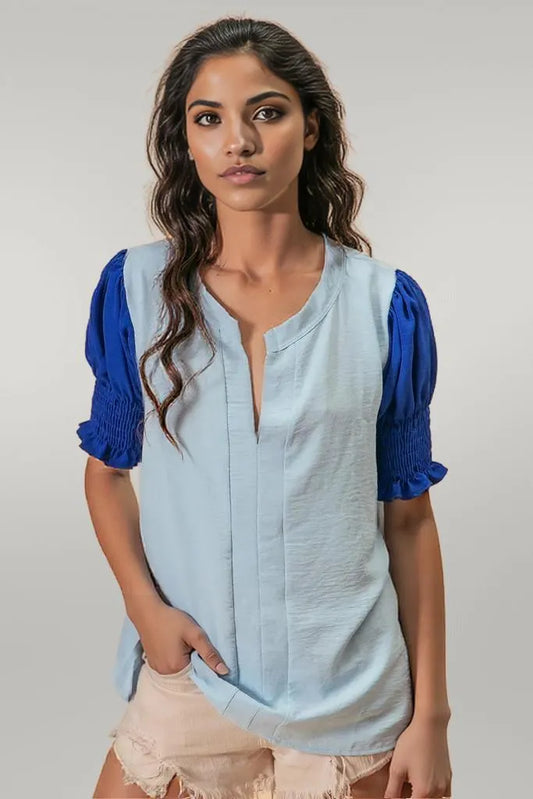 BiBi Air Flow Color Block Puff Sleeves V Neck Top