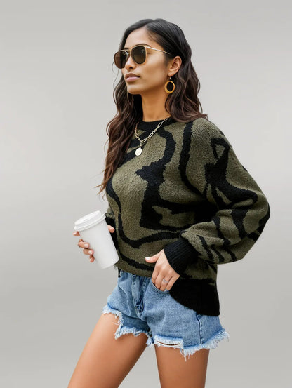 Printed Round Neck Long Sleeve Sweater