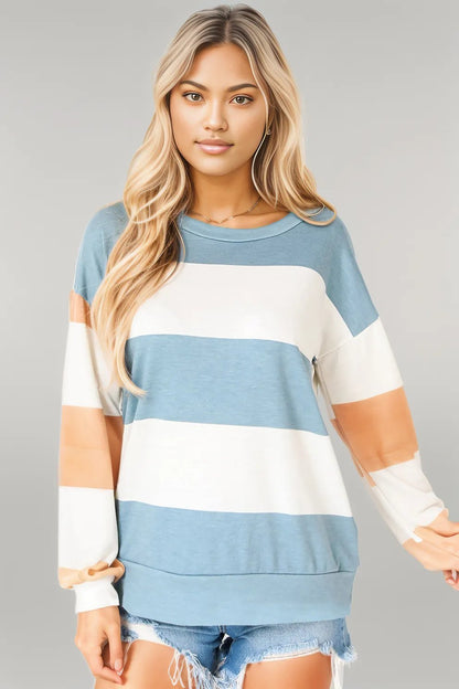 Light Blue Colorblock Striped Drop Shoulder Long Sleeve Top