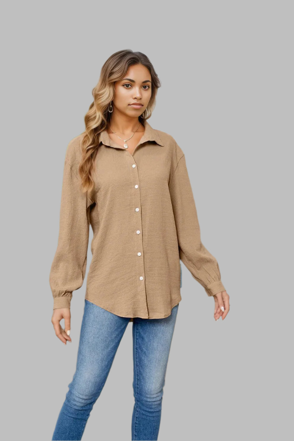 Collared Neck Buttoned Long Sleeve Shirt