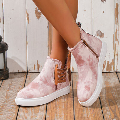 Lace-Up Round Toe Canvas Boots with Side Zip