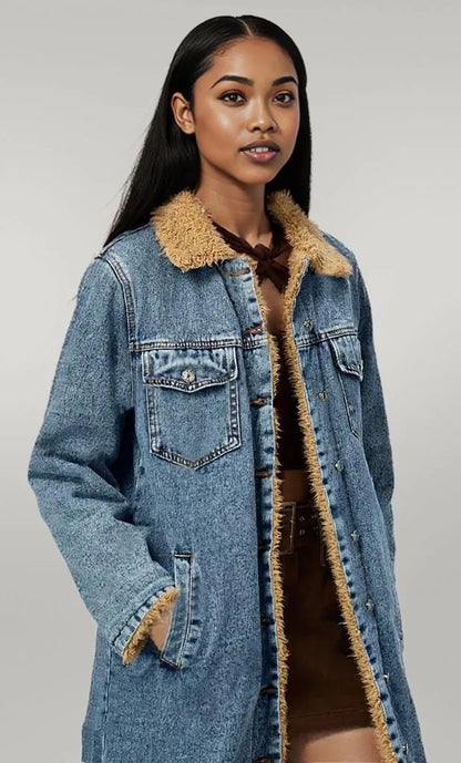 Pocketed Button Up Denim Jacket with Fur Lining