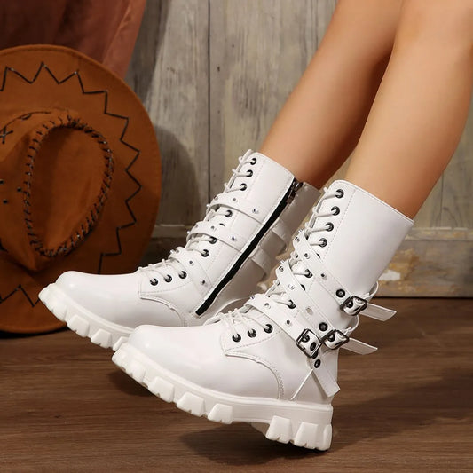 Strap Top Round Toe Platform Boots White