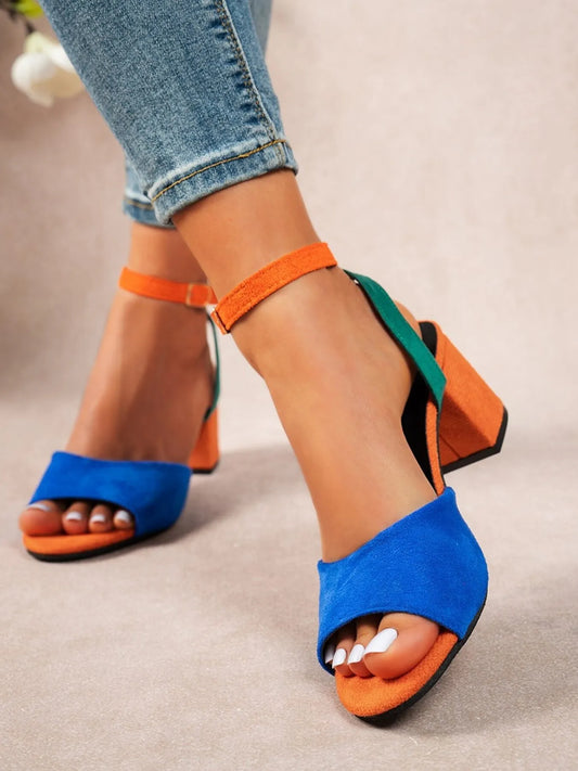Colorblock Chunky Heel Ankle Strap Sandals Color