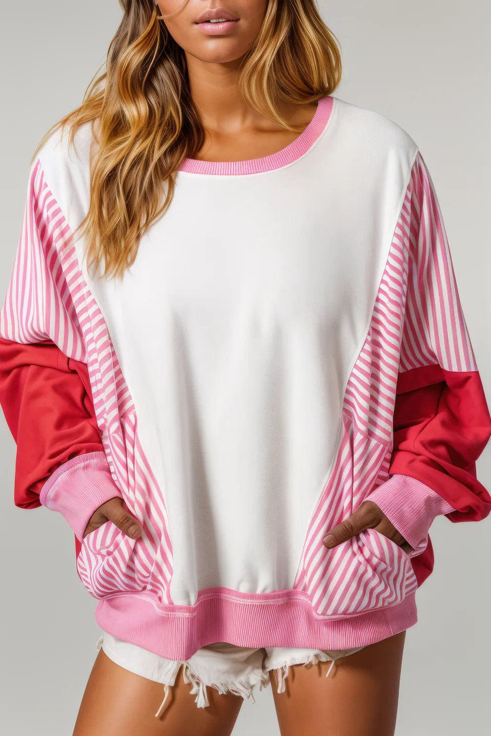 Rose Red Striped Patchwork Batwing Sleeve Pocketed Sweatshirt Rose Red 65%Polyester+35%Cotton