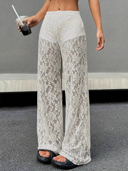 Lace Sheer Wide Leg Pants White