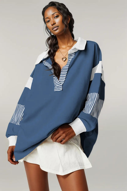 Black Striped Colorblock Patchwork Collar Sweatshirt