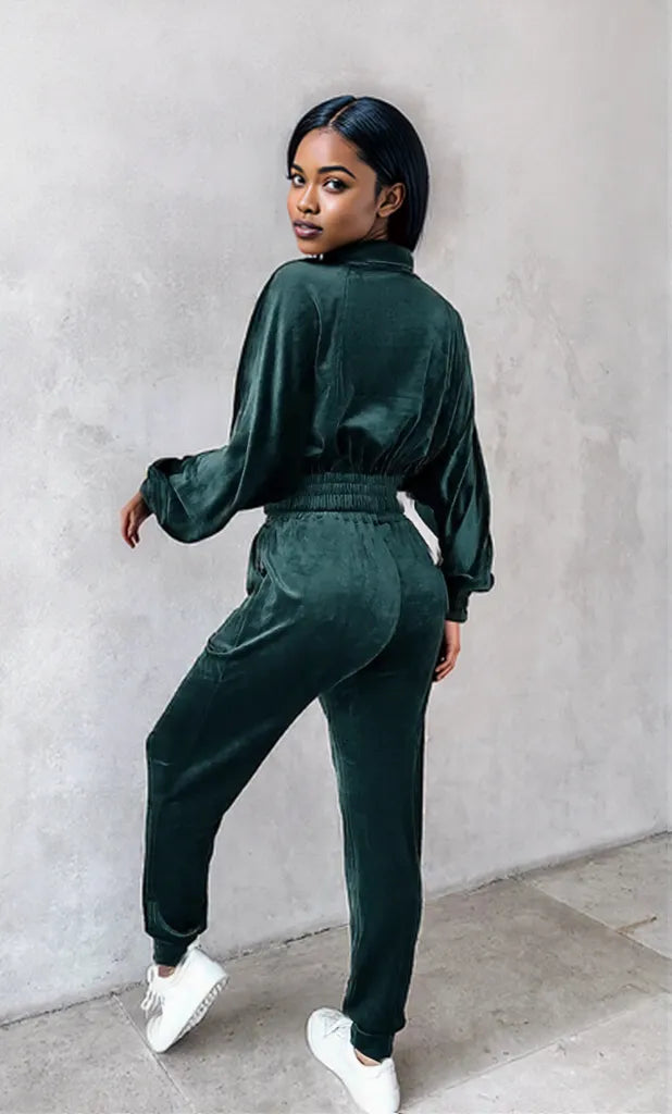 Zip Up Long Sleeve Cropped Top and Joggers Set