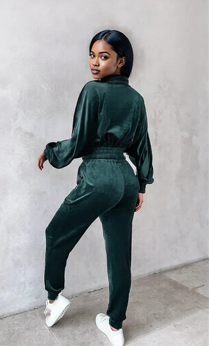Zip Up Long Sleeve Cropped Top and Joggers Set
