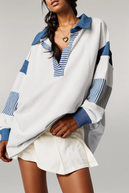 Black Striped Colorblock Patchwork Collar Sweatshirt Dark Blue 50%Polyester+50%Cotton