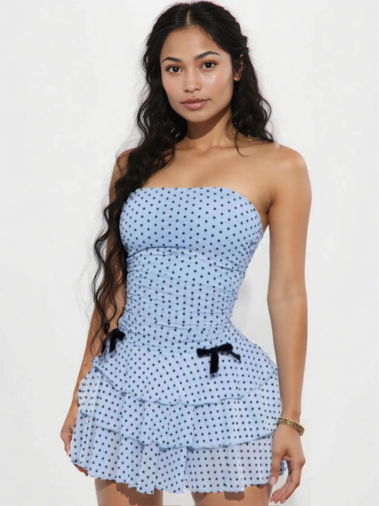 Polka Dot Strapless Mini Dress with Bow Detail Blue