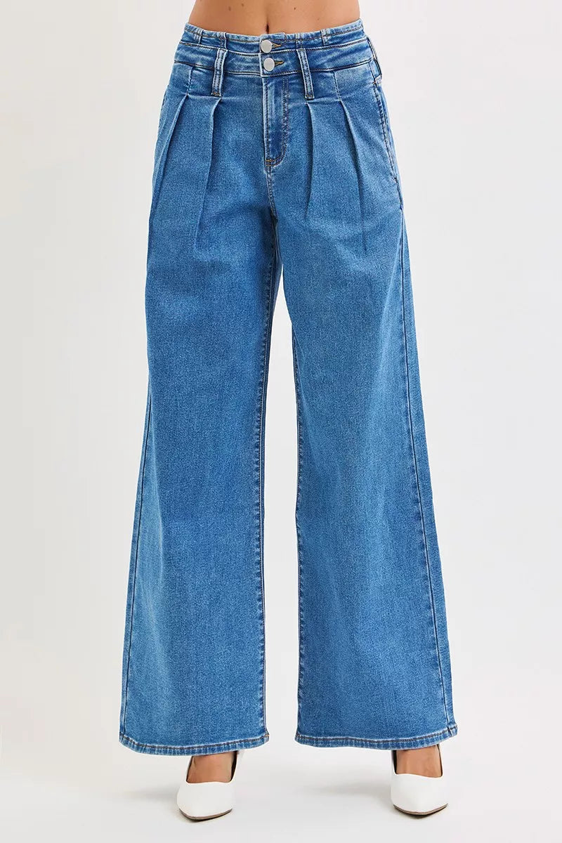 RISEN Full Size Mid Rise Fit Wide Leg with Pleated Detail Jeans Plus Size MEDIUM