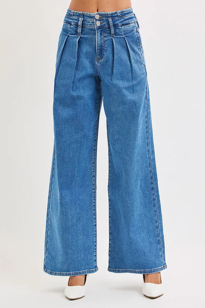 RISEN Full Size Mid Rise Fit Wide Leg with Pleated Detail Jeans Plus Size MEDIUM