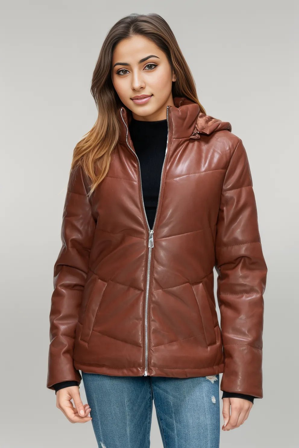 How Dare U Pocketed Zip Up Puffer Jacket with Removable Hood Brandy