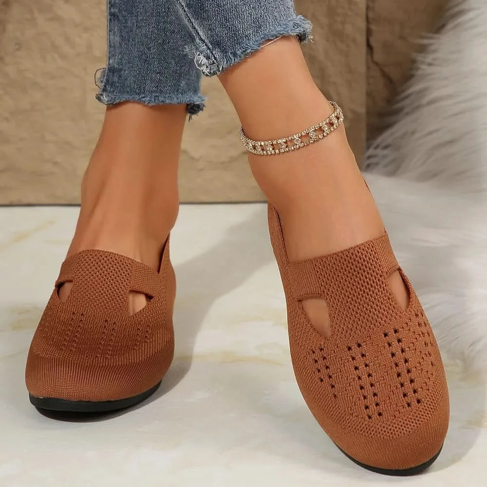 Breathable Mesh Round Toe Flat Slip-Ons Caramel