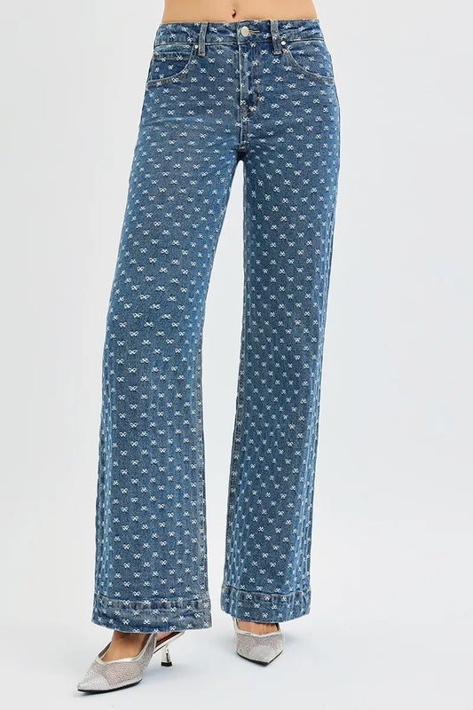 RISEN High Rise Wide Leg Bow Embroidered Jeans DARK