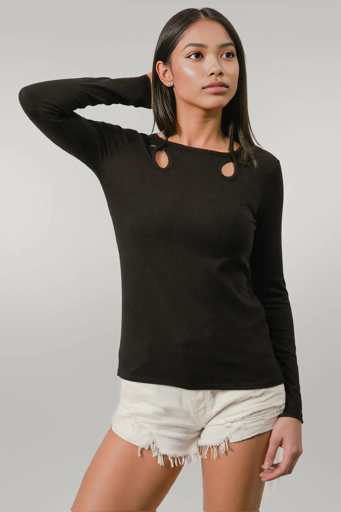 BiBi Rib Knit With Cut Out and Tied Neck Detailed Top