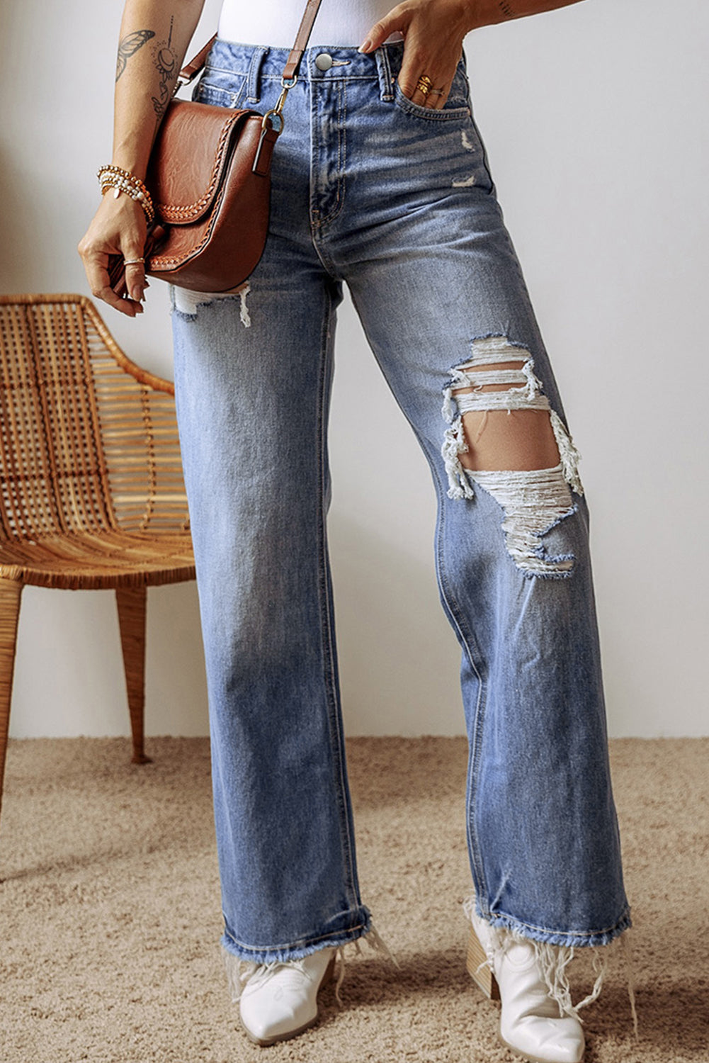 Ashleigh Blue Distressed Raw Hem Straight Leg High Waist Jeans Ashleigh Blue 71%Cotton+27.5%Polyester+1.5%Elastane