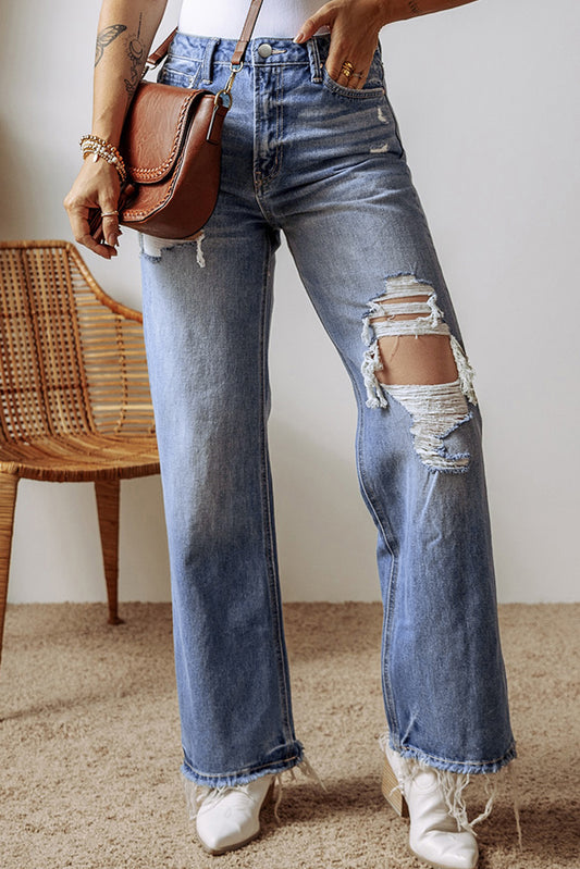 Ashleigh Blue Distressed Raw Hem Straight Leg High Waist Jeans Ashleigh Blue 71%Cotton+27.5%Polyester+1.5%Elastane