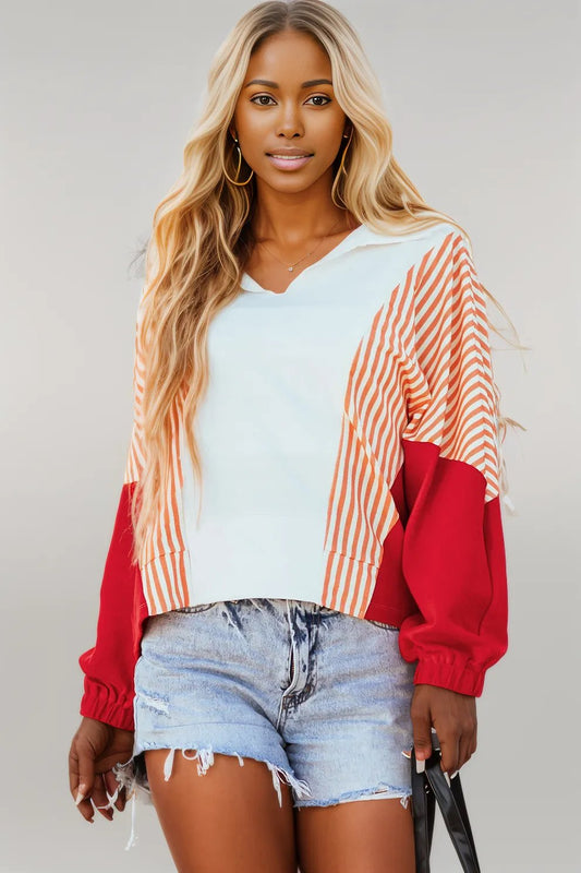 White Striped Color Block Collared V Neck Oversized Sweatshirt White 90%Cotton+10%Polyester