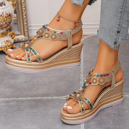 Beaded Open Toe Wedge Sandals Champagne