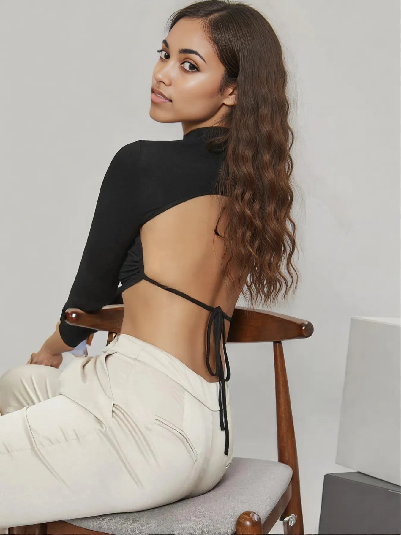 Backless Long Sleeve Cropped Mock Neck T-Shirt