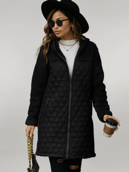 Texture Zip Up Long Sleeve Hooded Coat Black