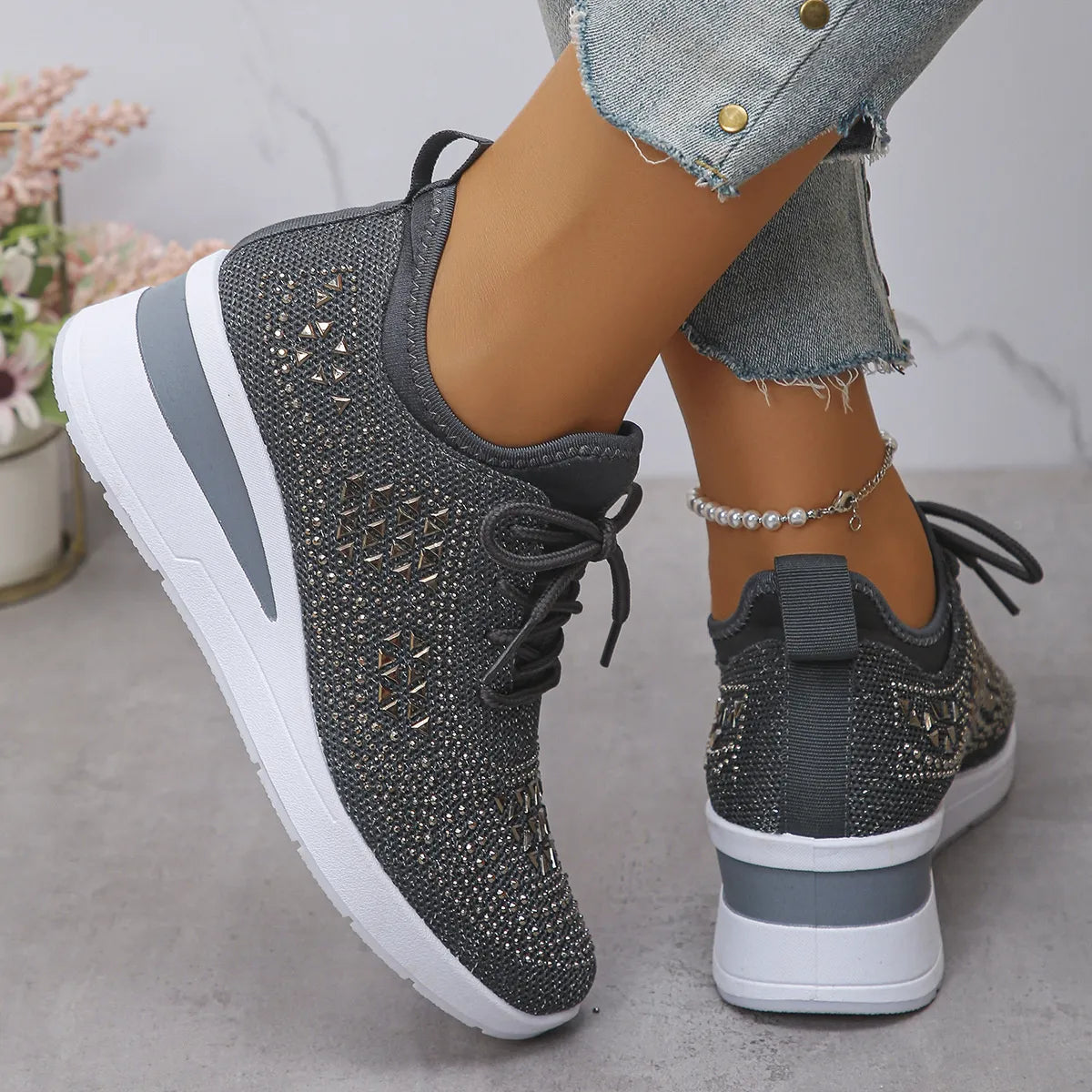 Breathable Mesh Rhinestone Wedge Athletic Sneakers